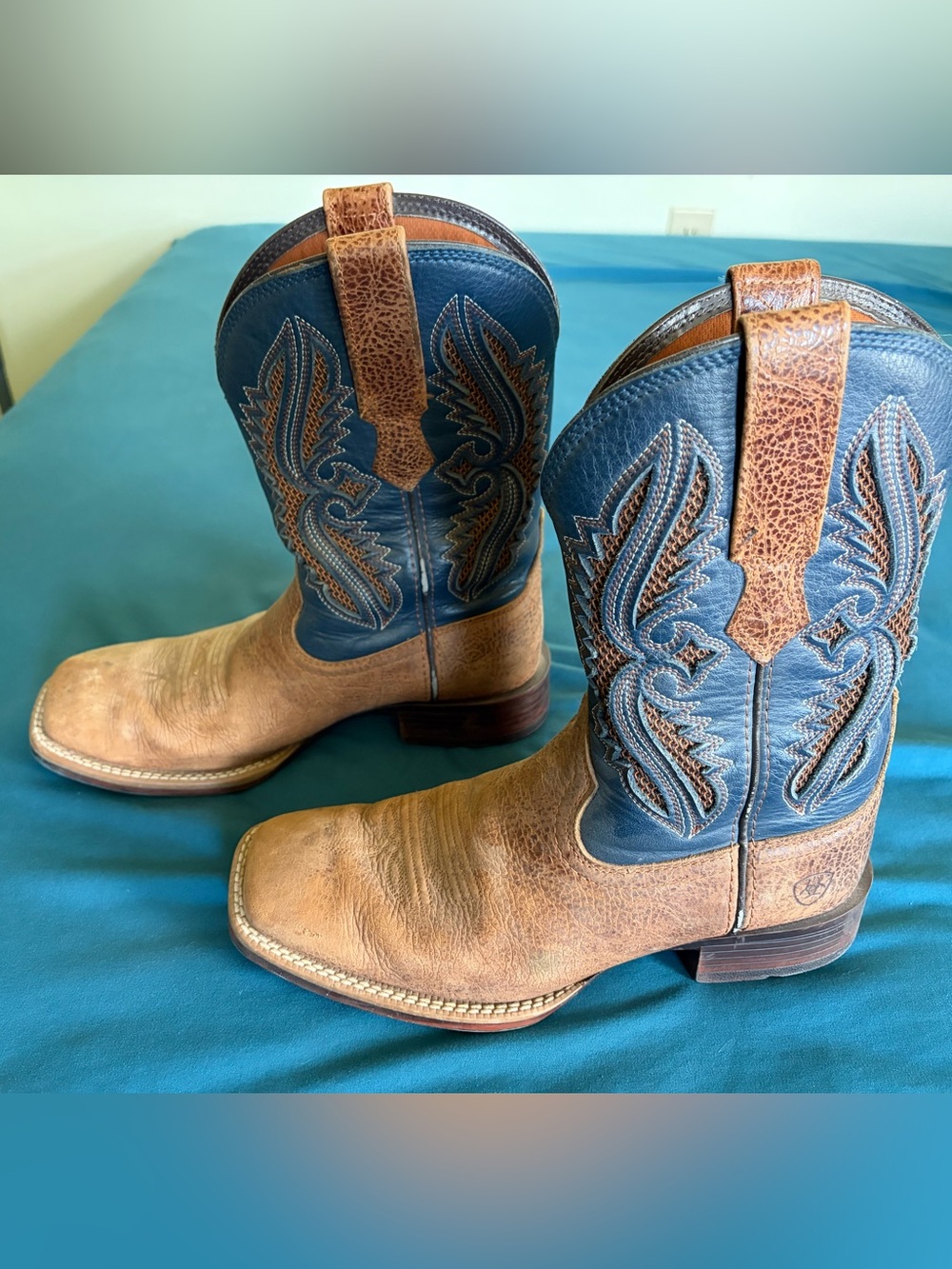 Ariat Two-Tone Brown Leather Boots with Blue Embroidered Shaft